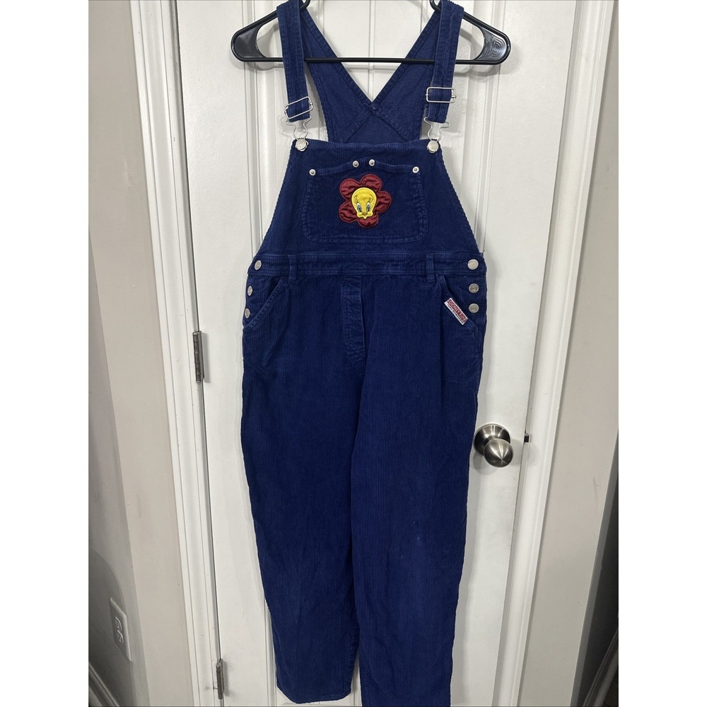 VTG 90s Looney Tunes Tweety Bird Dark Blue Corduroy Overalls Girls Size 16